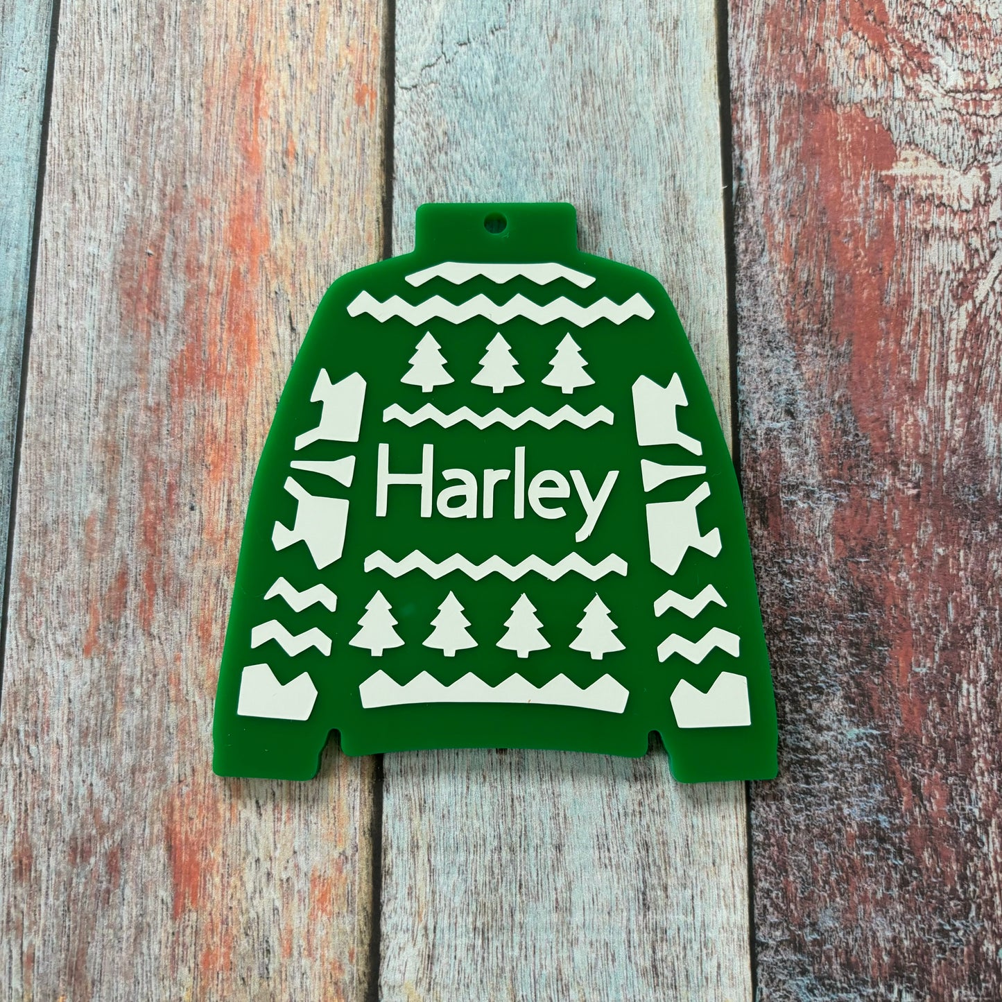 Personalised Green Christmas Jumper Acrylic Tree Decoration