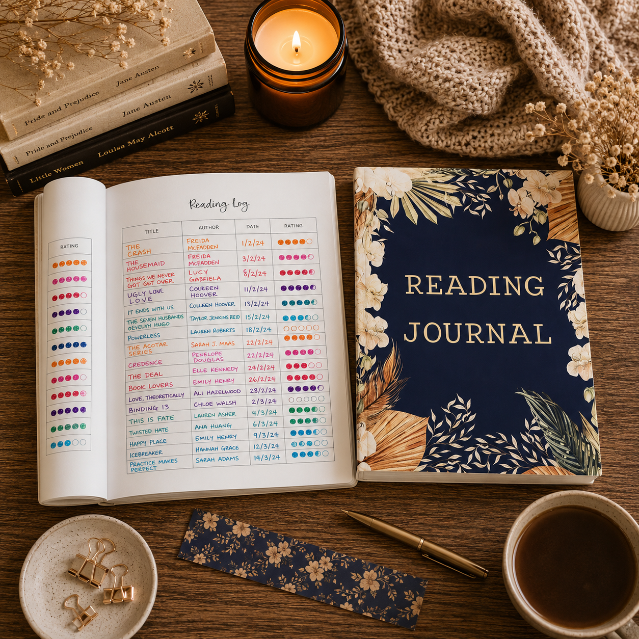 A styled flat-lay of a navy blue reading journal with floral gold and white leaf illustrations, shown open with a colorful reading log page. The scene includes a lit candle, books, a knitted scarf, dried flowers, a pen, a cup of tea, and small jewelry pieces on a wooden table.