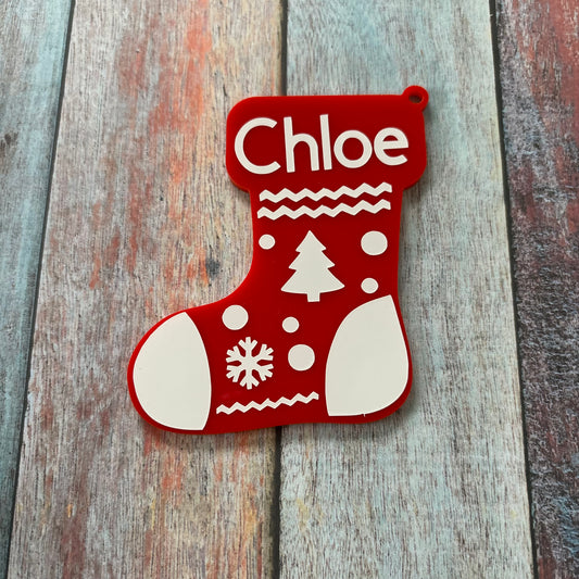 Personalised Red Stocking Acrylic Tree Decoration
