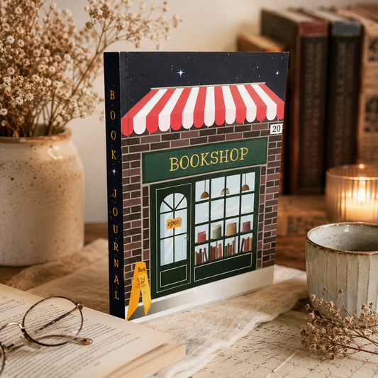 A paperback book journal titled 'Bookshop' styled on a tabletop with an open book, glasses, dried flowers, and a warm candle in the background. The cover features an illustration of a brick bookshop with a red and white striped awning.