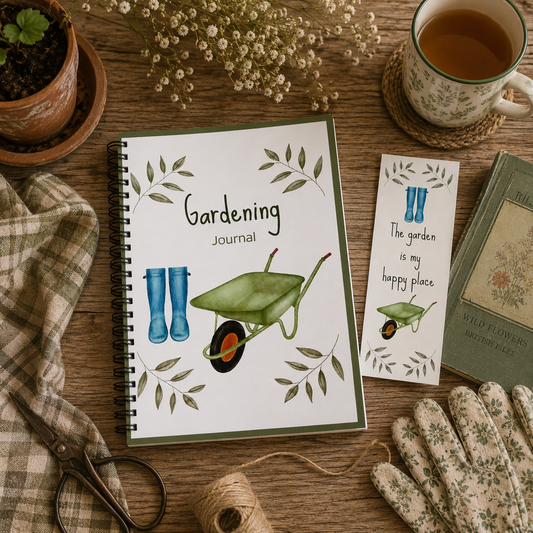 A spiral-bound gardening journal with a matching bookmark and a small card, styled on a wooden table with gardening-themed props including gloves, scissors, a cup of tea, flowers, and a potted plant.