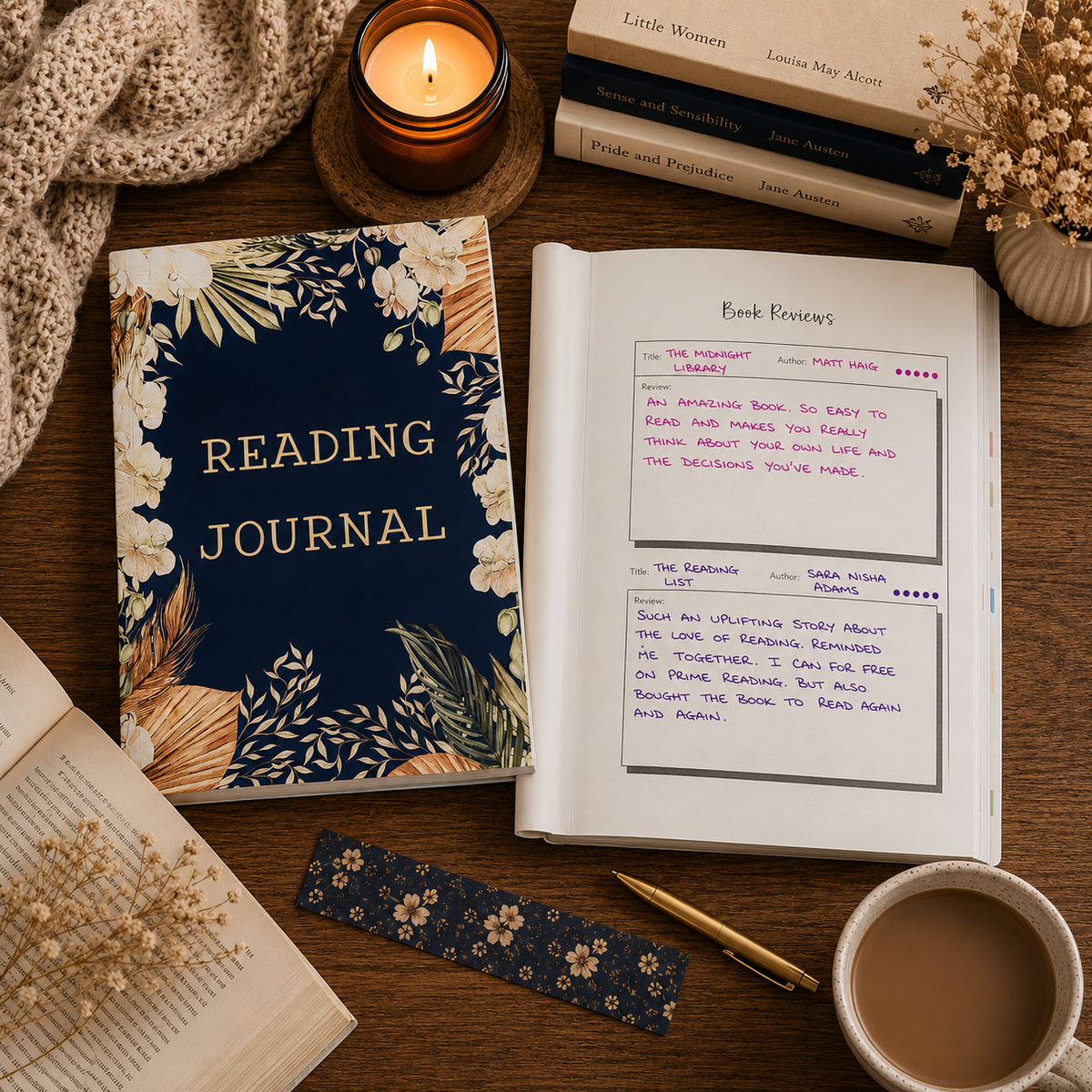 A styled flat-lay of a navy blue reading journal with gold floral detailing, shown open next to a pen and bookmark on a wooden desk, surrounded by books, a candle, dried flowers, and a cup of tea. Book reviews page