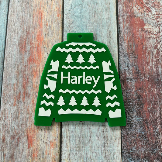 Personalised Green Christmas Jumper Acrylic Tree Decoration