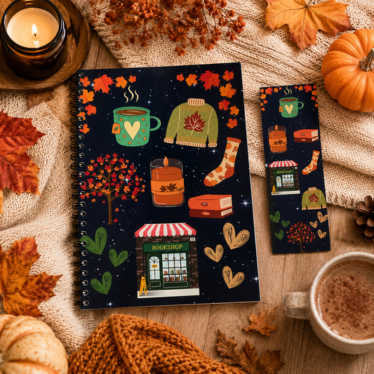 Cosy blue autumn reading log and matching bookmark