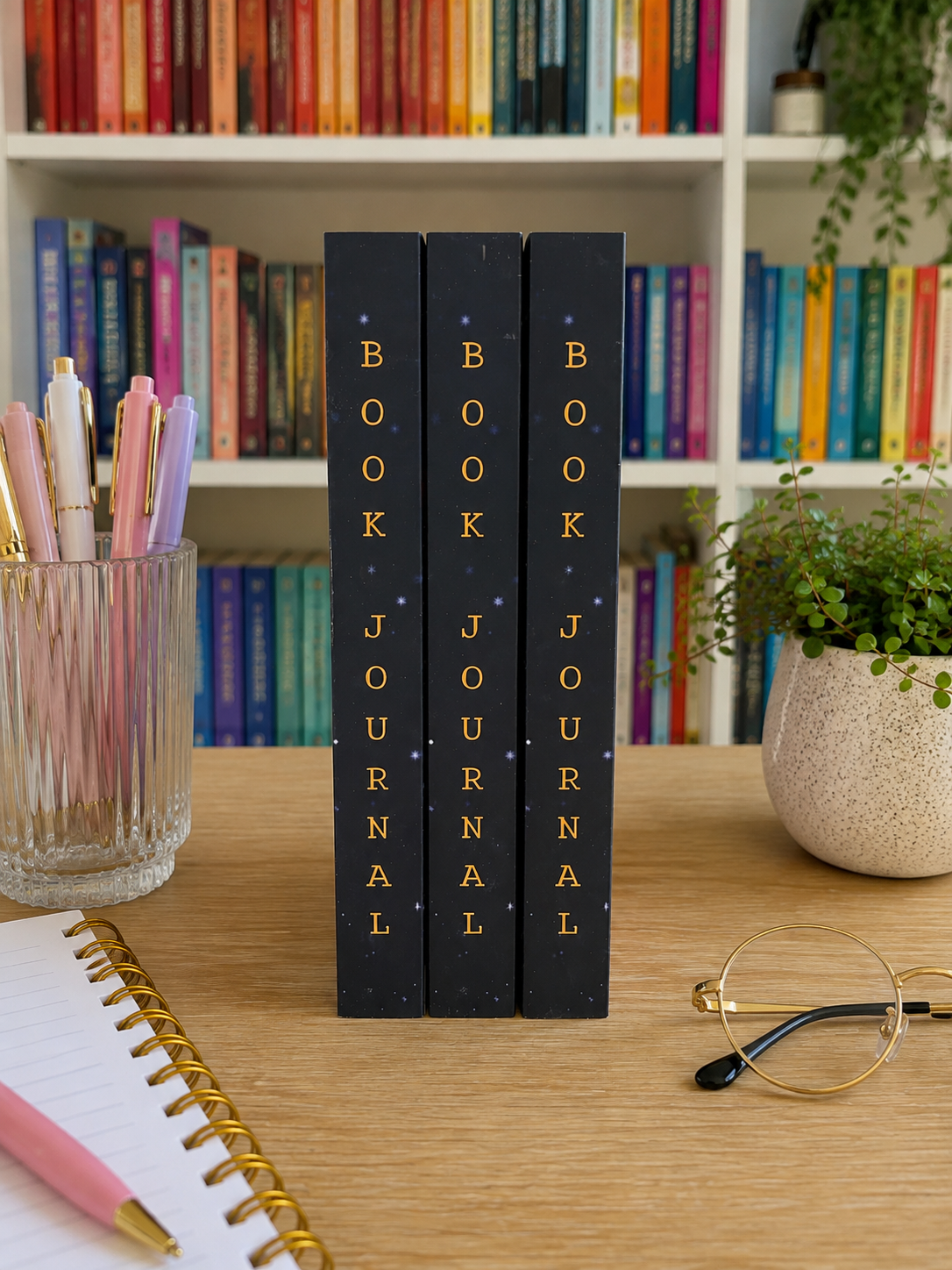 Three blue book journals standing upright on a wooden desk, with gold lettering on the spines. The scene is styled with a notebook, pink pen, glasses, and a potted plant, with a colorful bookshelf in the background.