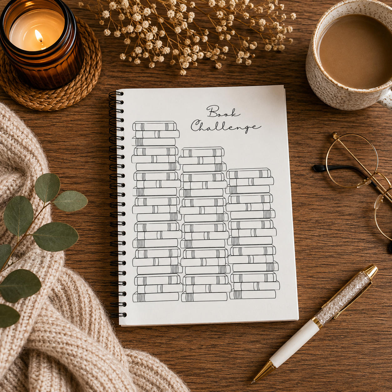 A spiral-bound reading journal page with a book stack illustration and the words 'Book Challenge' on the cover, styled on a wooden tabletop with a candle, coffee, glasses, eucalyptus leaves, and a pen.