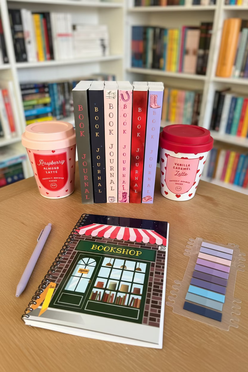 A styled desk scene with a journal featuring a bookshop storefront and the word 'BOOKSHOP' on the cover, alongside two patterned paper cups, a pencil, and a sheet of pastel colour strips. In the background, a row of books stands upright on a bookshelf in a real indoor environment.