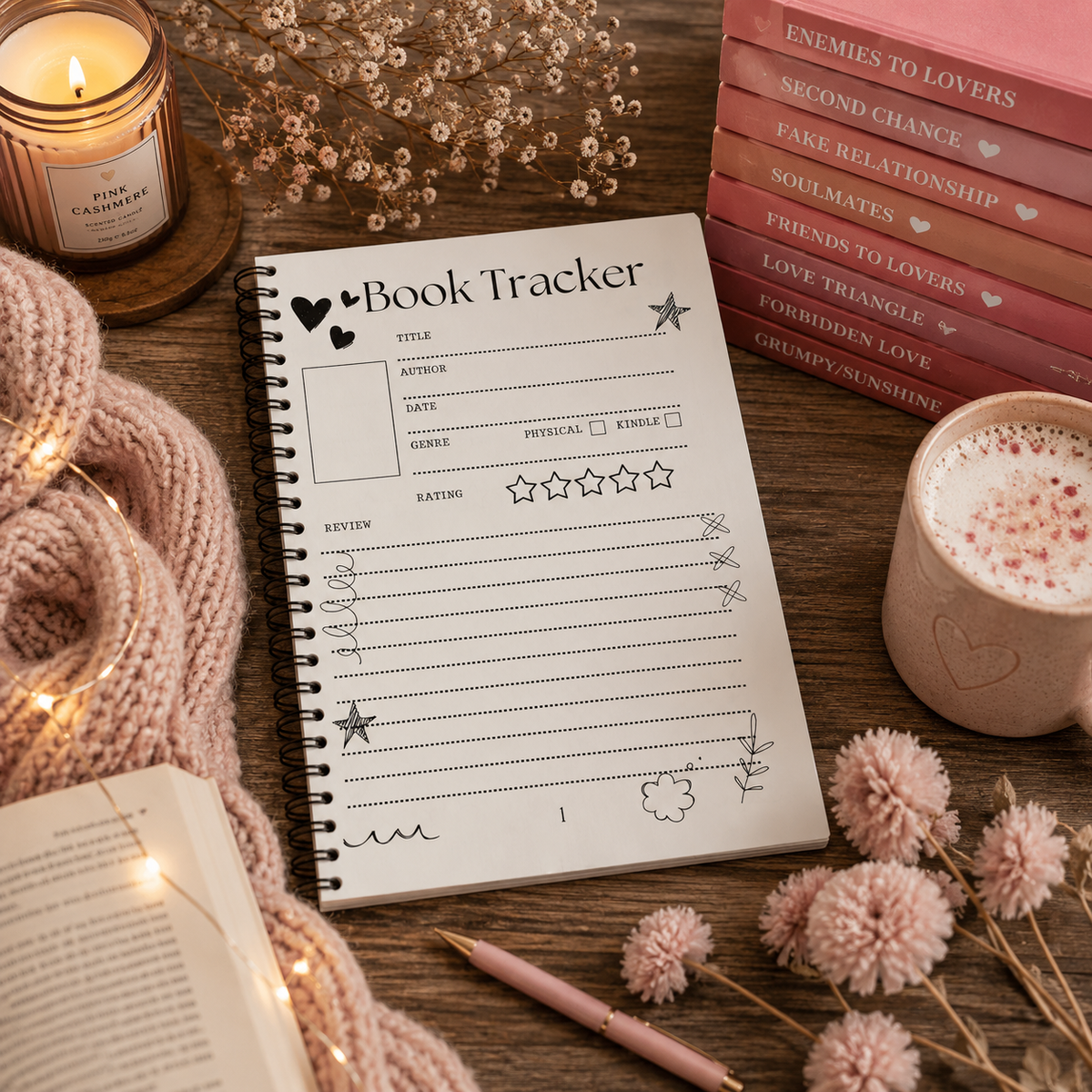 A spiral-bound Pink Tropes themed Book Tracker planner page displayed on a wooden table, surrounded by cozy lifestyle props including a pink knit scarf, a lit candle, a stack of pink romance novels, a mug of hot chocolate, and dried flowers.