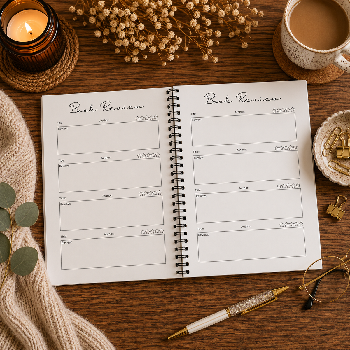 An open spiral-bound book review journal lies on a wooden table surrounded by cosy lifestyle props, including a lit candle, a cup of coffee, dried flowers, a knit sweater, and stationery.