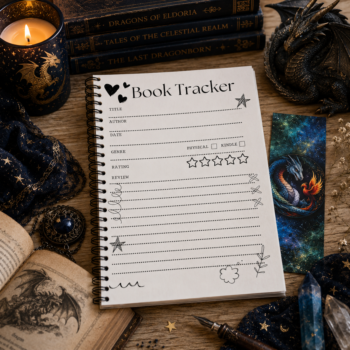 A spiral-bound Book Tracker notebook with lined writing sections and rating stars, styled on a wooden surface with dragon-themed props including a dragon figurine, candles, books, and crystals.