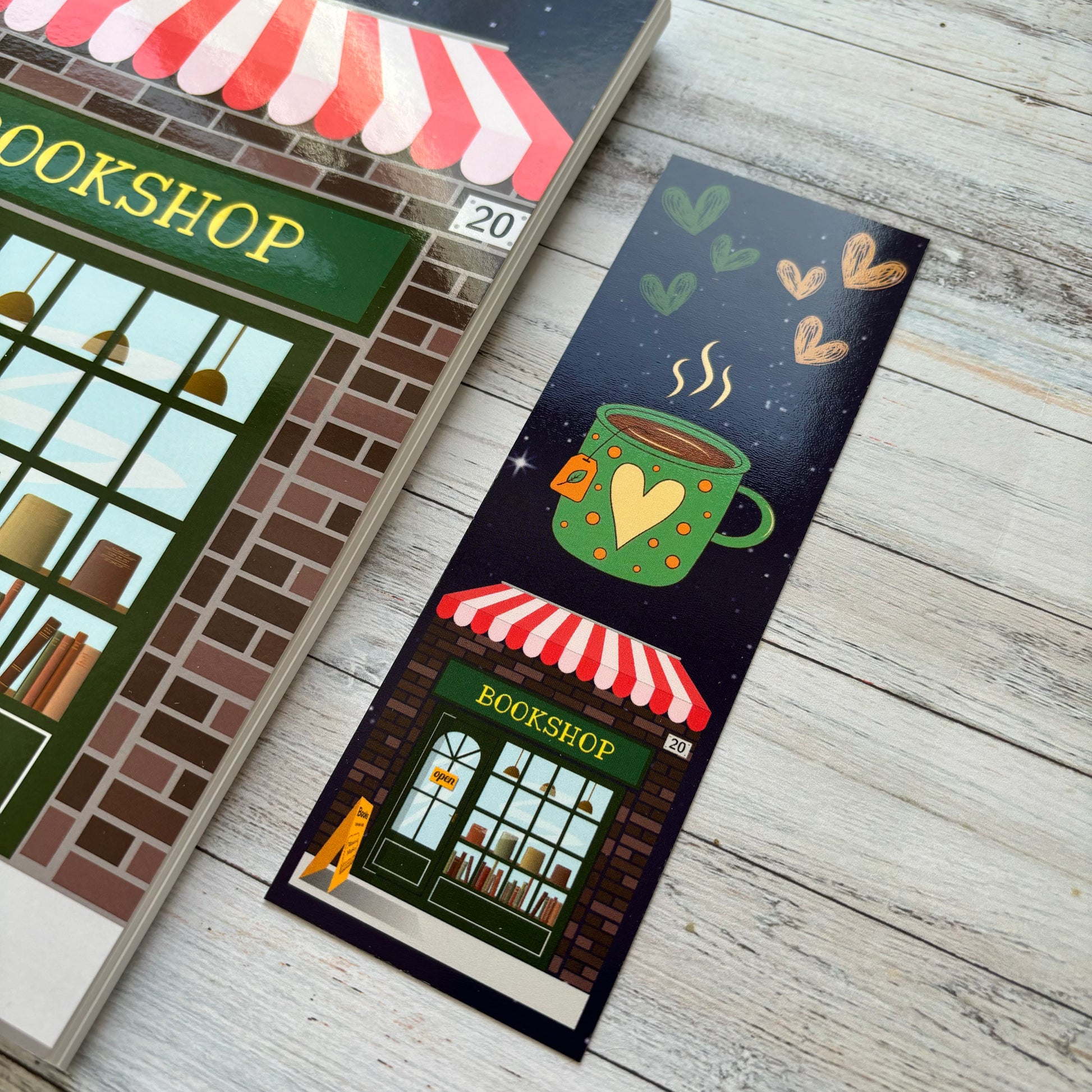Cute bookmark with bookshop and mug