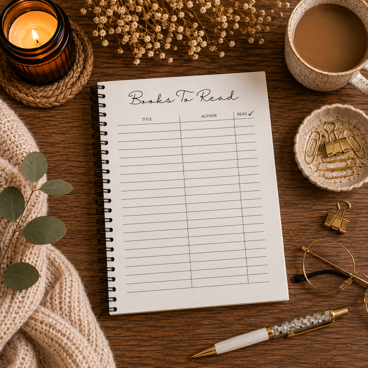 A spiral-bound book journal with a 'Books To Read' page laid on a wooden desk, surrounded by cosy props including a lit candle, coffee, dried flowers, eyeglasses, a pen, paper clips, and a knit blanket.