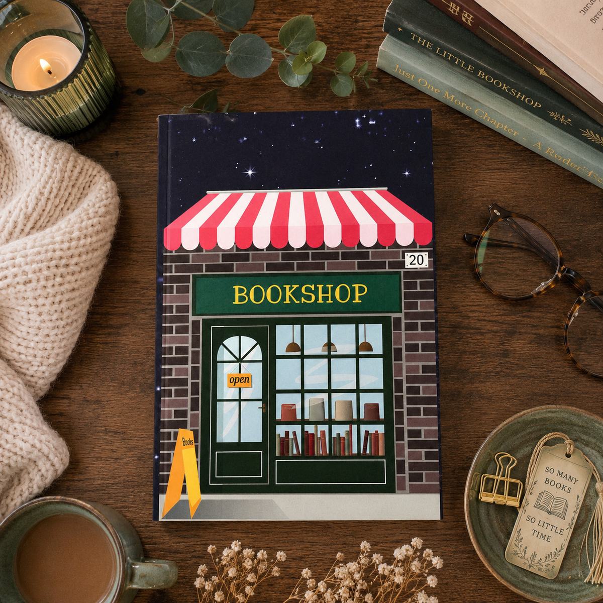 A bookshop journal featuring an illustrated bookshop storefront with a red-and-white striped awning, set on a wooden tabletop surrounded by a candle, knit blanket, eyeglasses, books, a mug, and dried flowers.