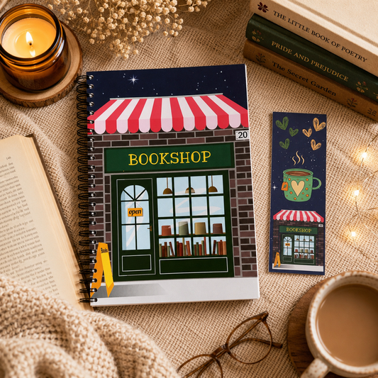 A spiral-bound reading journal and matching bookmark set featuring a cosy bookshop illustration, styled on a beige fabric surface with a candle, open book, mug of coffee, glasses, and decorative books.