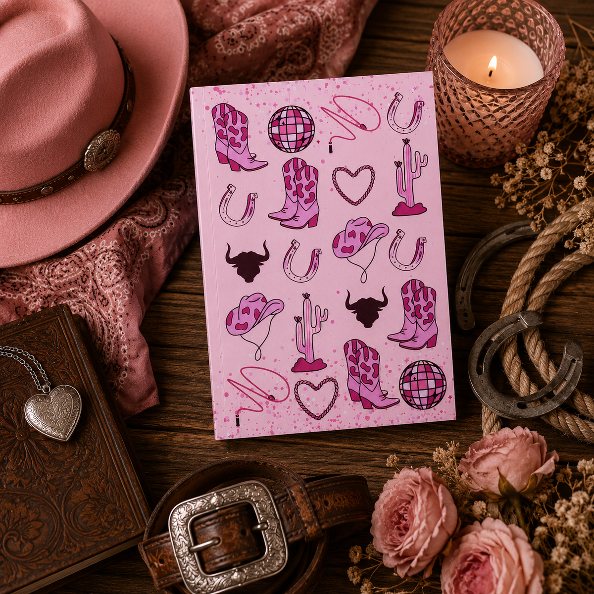A pink book journal with western-themed illustrations, including cowboy boots, hats, horseshoes, cacti, and hearts, styled on a rustic wooden surface with a pink hat, candle, leather belt, flowers, and rope around it.