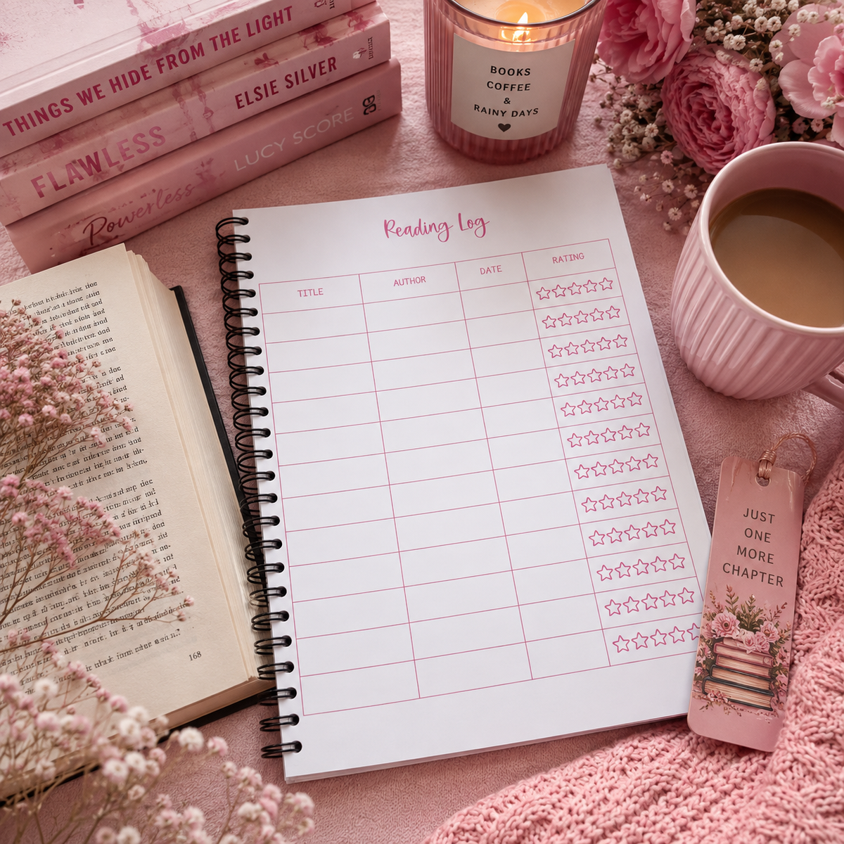 A spiral-bound reading log with pink printed tables and star ratings, styled on a pink fabric surface with books, a candle, flowers, a mug of coffee, and a pink knitted blanket.