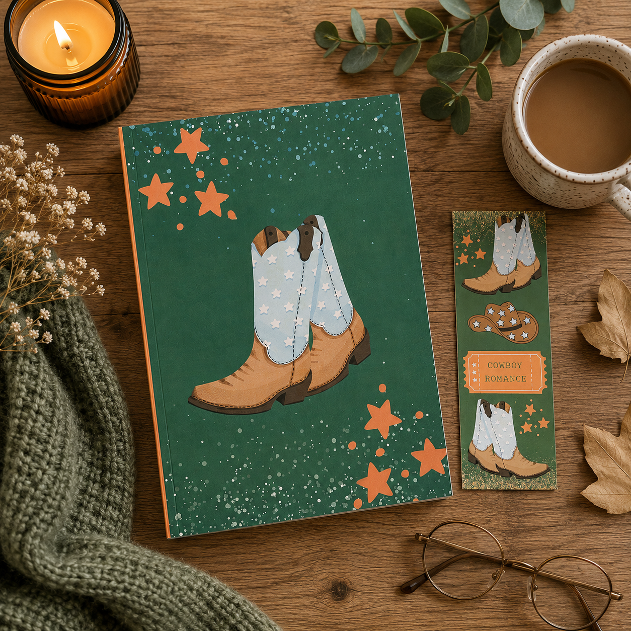 Green book journal with cowboy boots and a matching bookmark with 'cowboy romance' on it