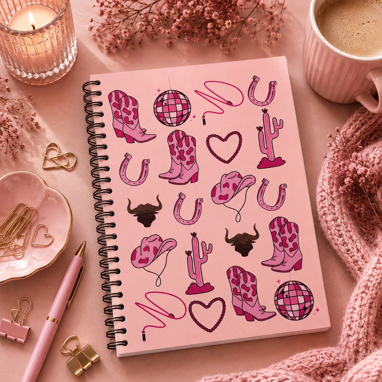 A pink spiral notebook with western-themed sticker illustrations, styled in a cozy flat-lay with a candle, coffee mug, pen, paper clips, and knit blanket.