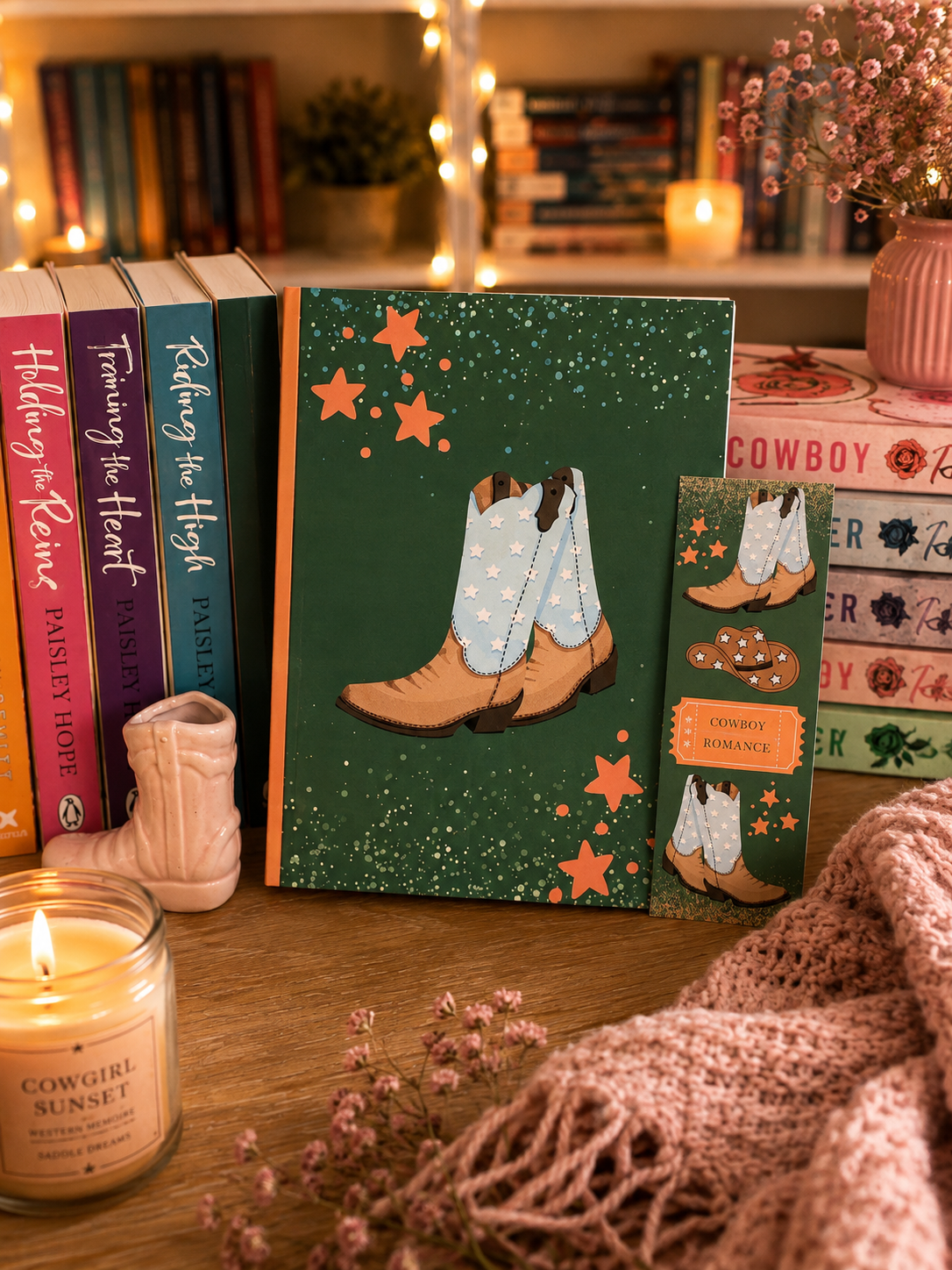 A styled tabletop scene featuring a green cowboy-themed journal with illustrated cowboy boots and orange stars, next to a matching 'Cowboy Scented Fragrance' card. The setup includes a lit candle, pink knit blanket, books, and warm fairy lights in the background.