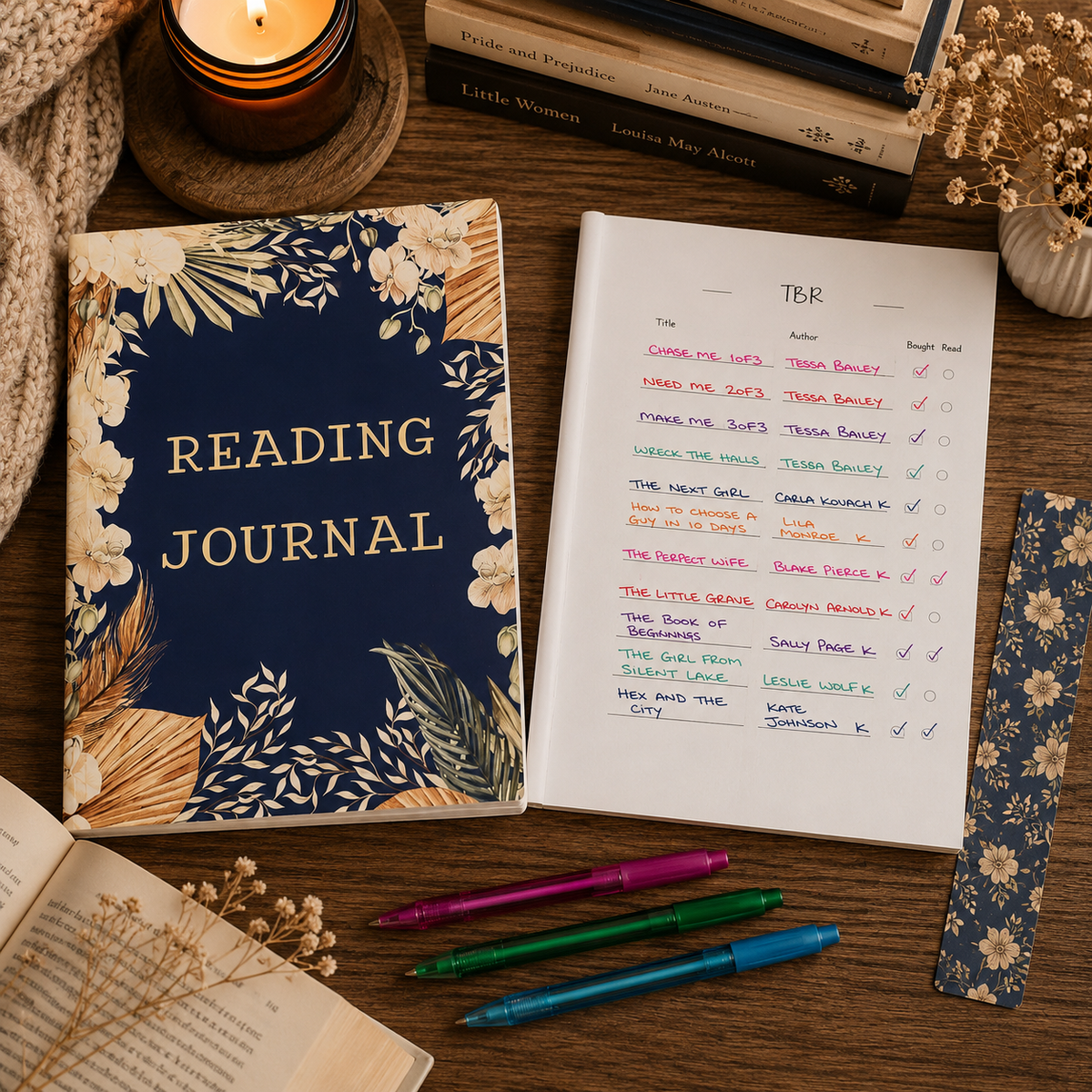 A styled flat-lay of a navy blue reading journal with gold floral borders and the words 'READING JOURNAL' on the cover, shown next to an open notebook with handwritten book tbr lists and colorful pen marks. The scene includes candles, books, dried flowers, and several pens on a wooden surface.