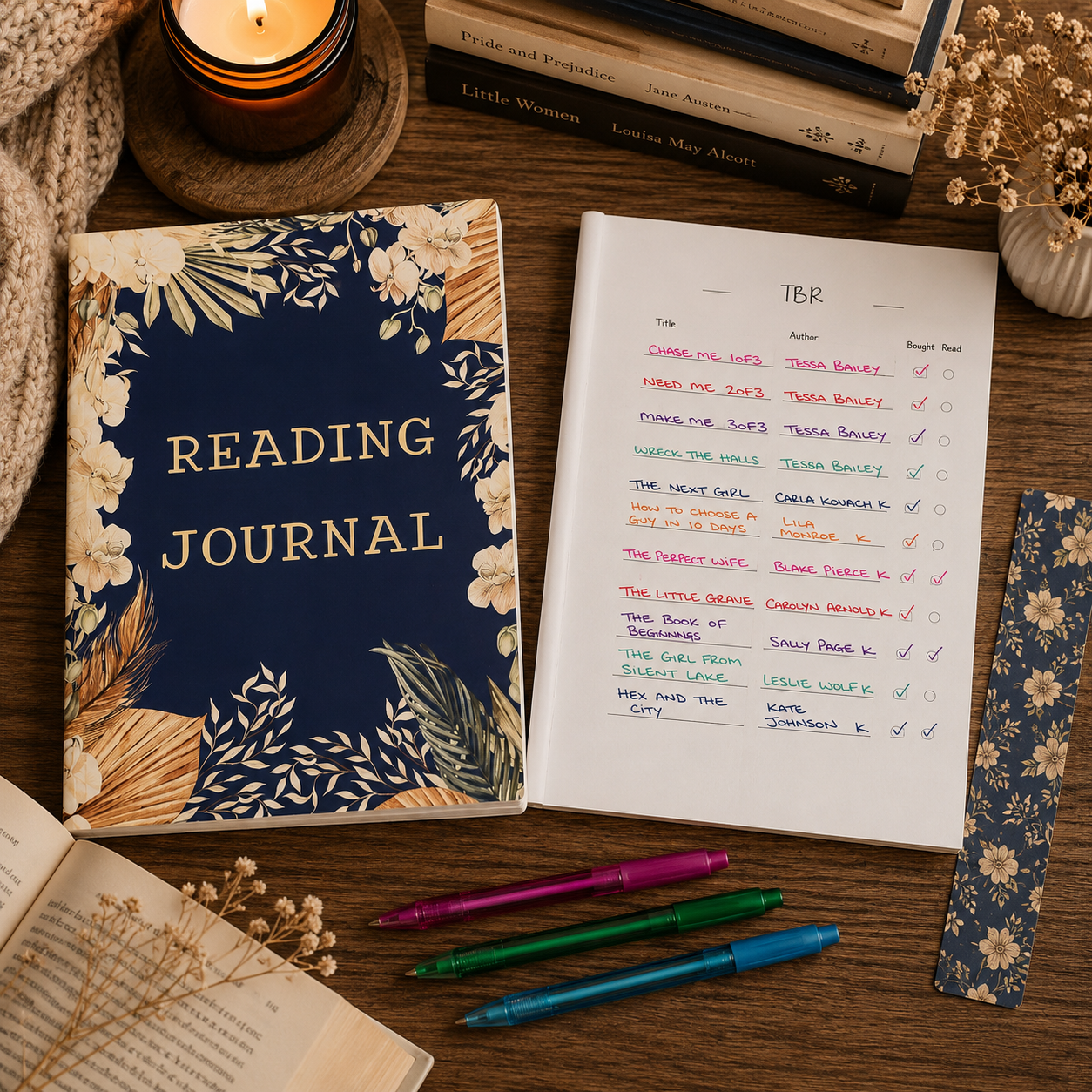 A styled flat-lay of a navy blue reading journal with gold floral borders and the words 'READING JOURNAL' on the cover, shown next to an open notebook with handwritten book tbr lists and colorful pen marks. The scene includes candles, books, dried flowers, and several pens on a wooden surface.