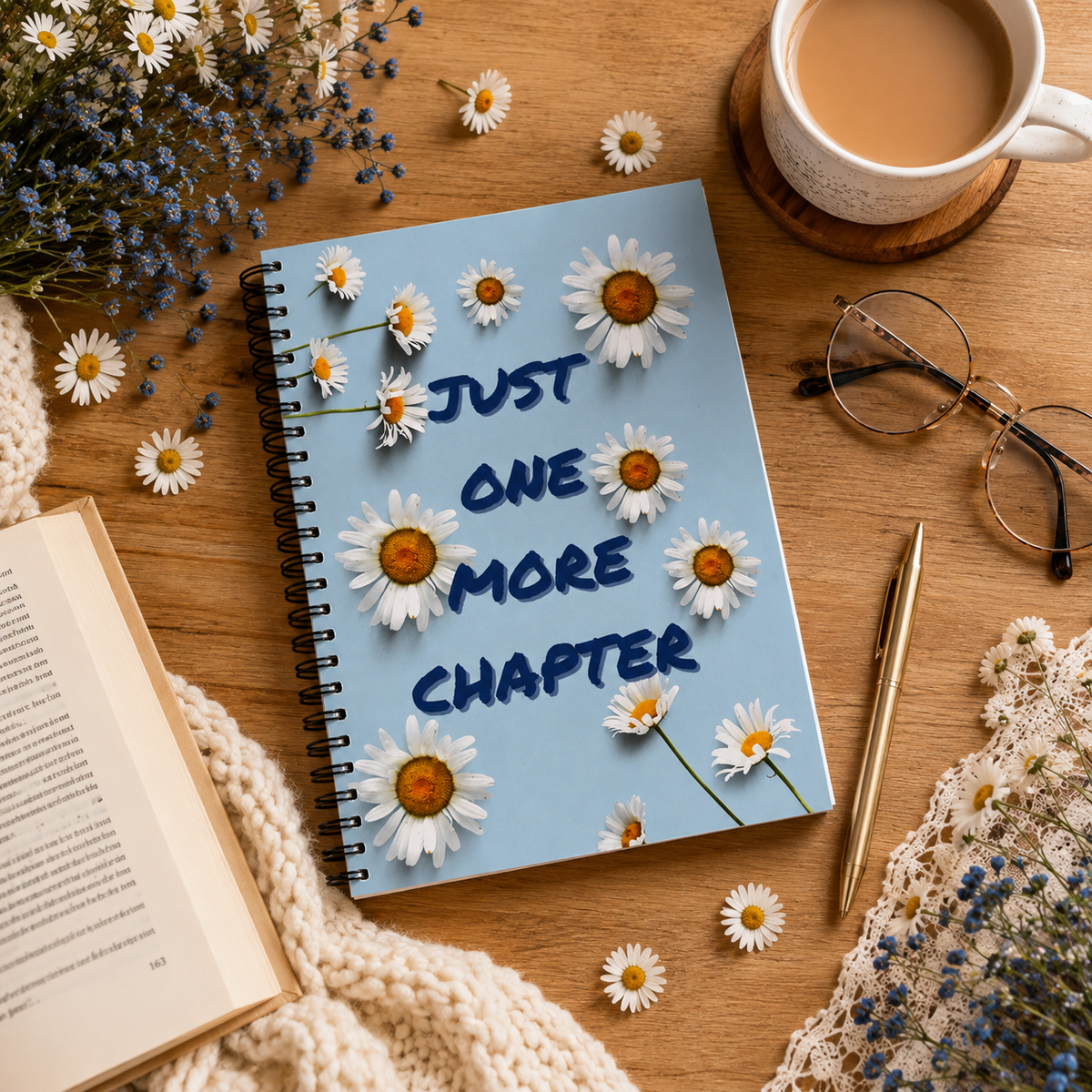 A spiral-bound reading journal with a light blue cover and daisy illustrations, featuring the text 'JUST ONE MORE CHAPTER' in dark blue. The notebook is styled in a cosy flat-lay arrangement on a wooden table alongside a cup of coffee, eyeglasses, a pen, an open book, and floral decorations.