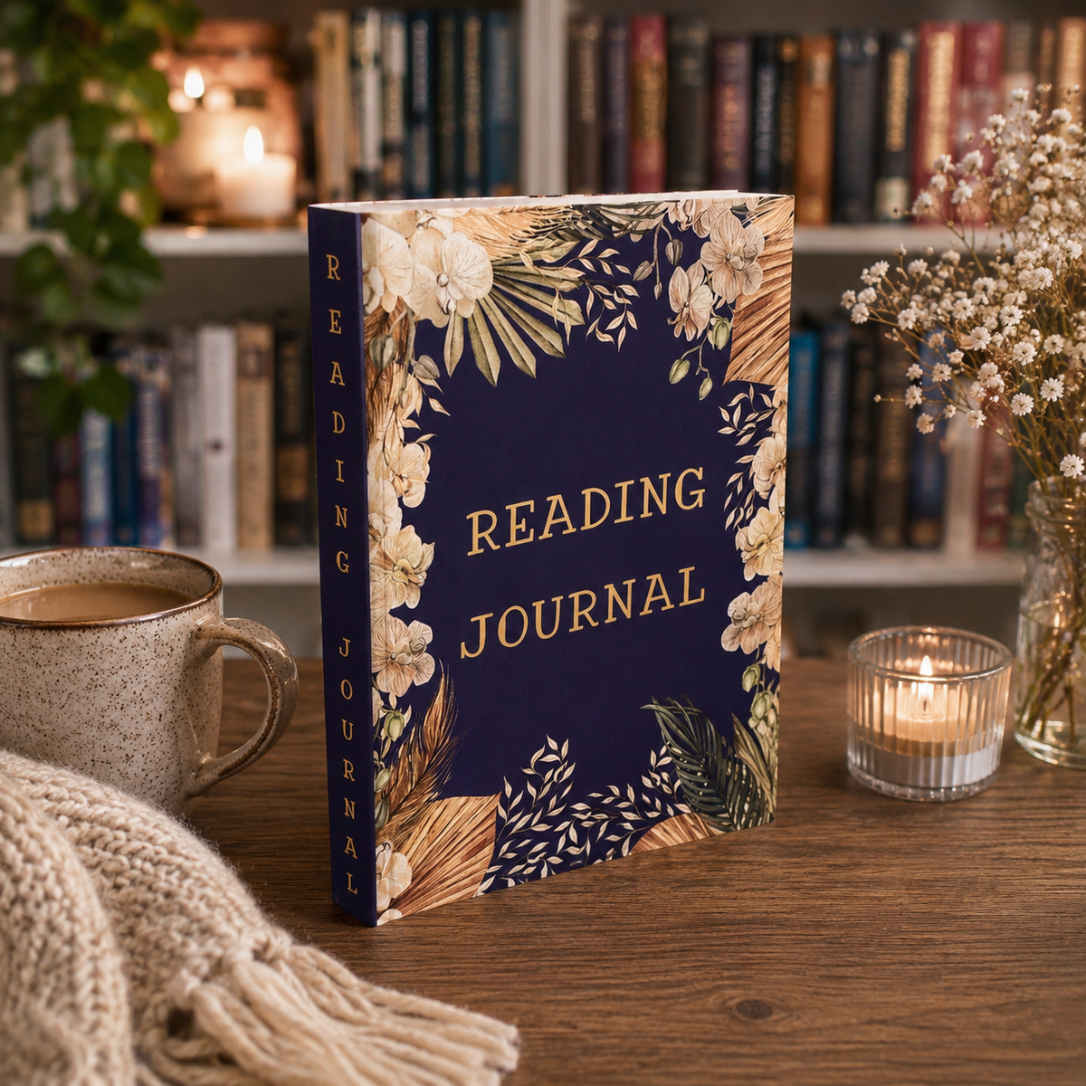 A paperback style reading journal with a navy blue cover and gold floral border, standing on a wooden table in a cozy room with books, a mug, and candles in the background.