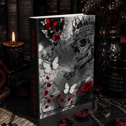 A dark romance themed book journal with a black and white spiderweb and butterfly design accented by red roses and leaves, styled on a dark table with candles, rose petals, and a chain