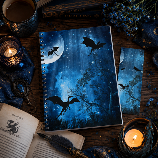 A spiral-bound reading journal and matching small item featuring a blue night sky with silhouetted dragons, stars, and a moon, styled on a wooden surface with candles, books, and fantasy-themed props.