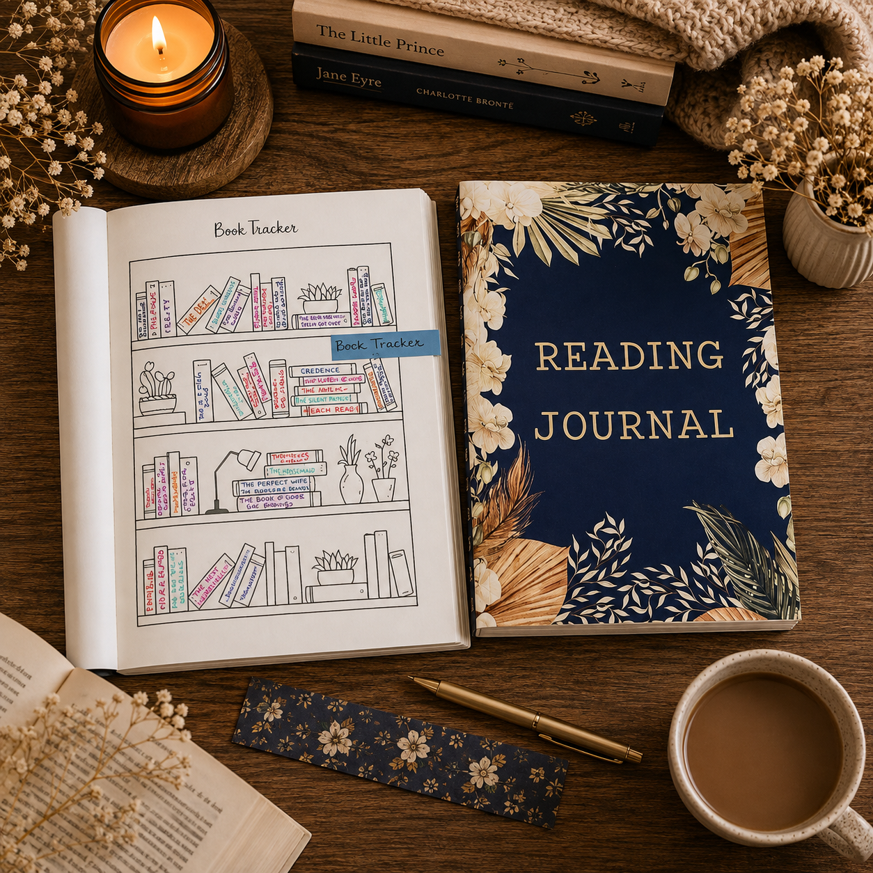 A styled flat-lay of a navy blue reading journal with gold lettering and floral borders, shown next to an open notebook with a book-tracker chart. The scene includes books, a candle, dried flowers, a pen, a bookmark, and a cup of coffee on a wooden surface.