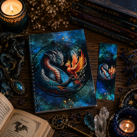 A fantasy-themed notebook and matching bookmark featuring a glowing blue dragon and orange phoenix in a starry cosmic design, styled on a dark wooden surface with candles, books, crystals, and an open book.