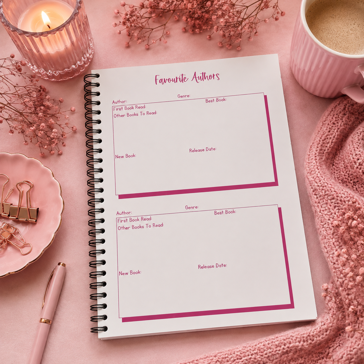 A spiral-bound journal with pink printed book favourite author page, styled on a pink surface with a candle, mug, dried flowers, binder clips, and a pen.
