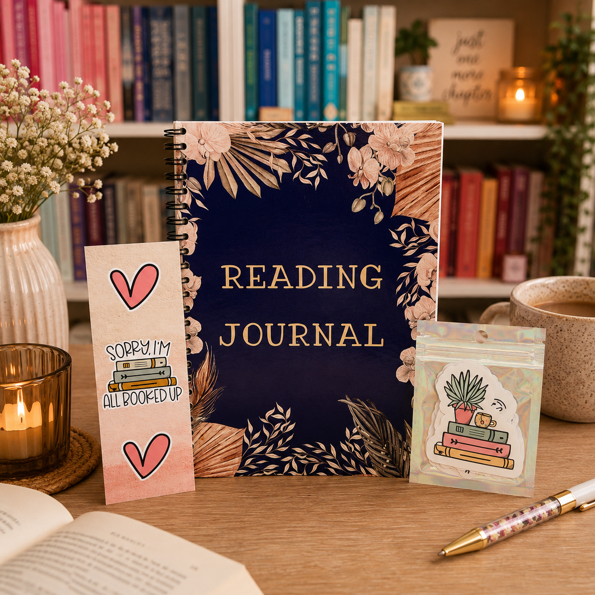 A decorative spiral-bound reading journal with a navy blue cover and floral border stands on a wooden desk, alongside a matching bookmark card that says 'Sorry I was all booked up' and a small sticker pack. The scene is styled in a cozy room with a bookshelf, candle, flowers, and a mug in the background.