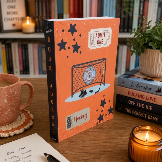 An orange paperback book journal  titled 'Hockey' with a hockey goal illustration and 'Admit One' ticket graphics, standing on a wooden table in a cozy bookshop setting with a mug, candles, and other books.