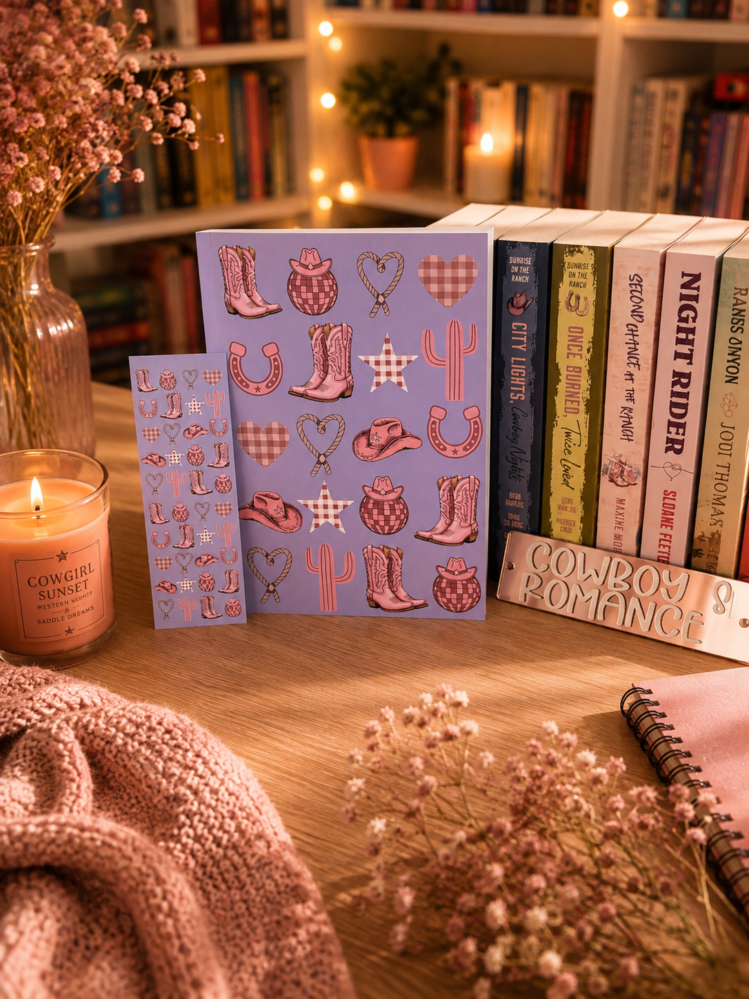 A set of pink and lavender cowboy-themed journal displayed on a wooden table next to a candle, a pink knit blanket, and a row of romance novels on a bookshelf in the background.