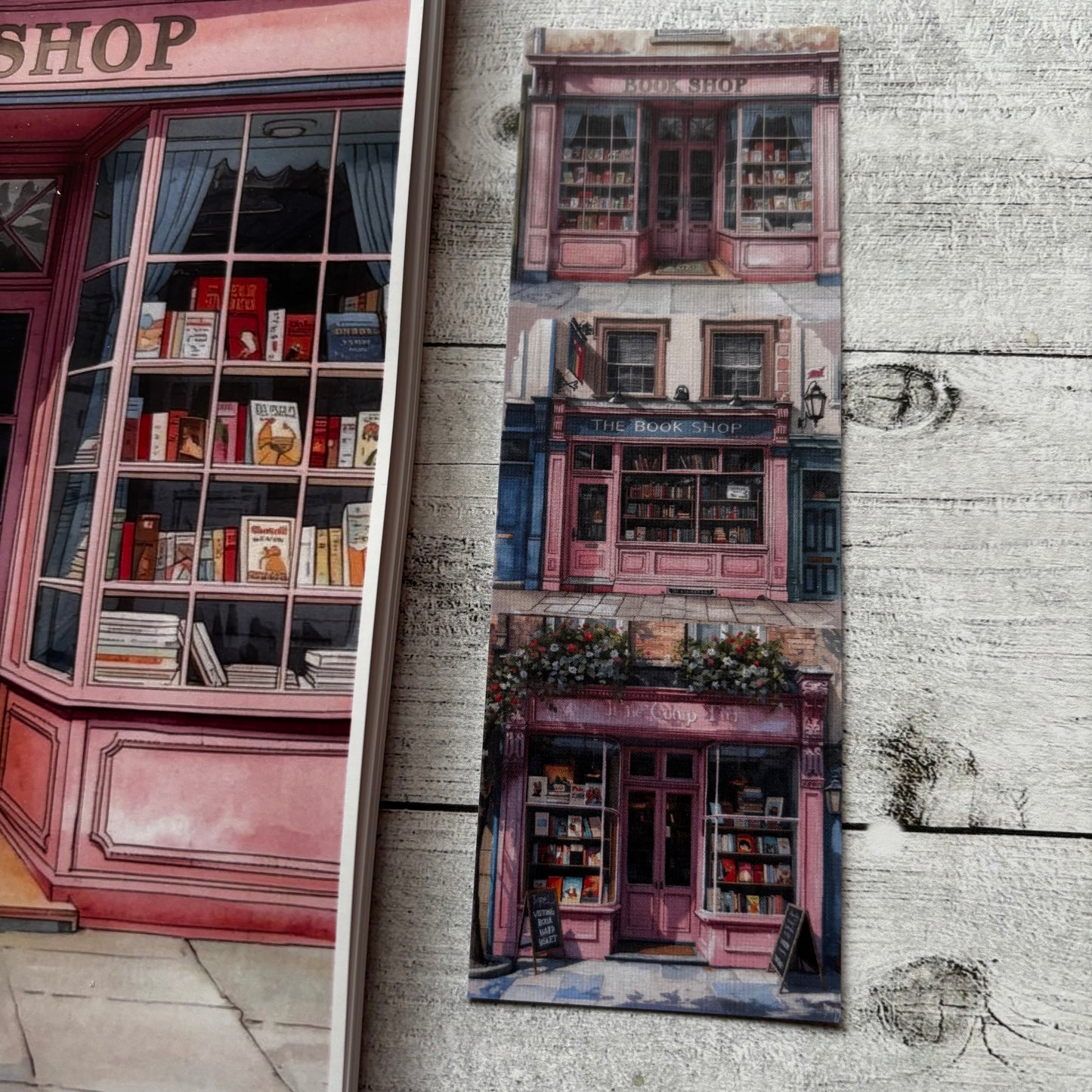 Pink bookshop bookmark with linen textured card