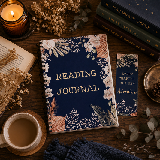 A navy blue spiral-bound reading journal with gold lettering and floral illustrations, styled on a wooden table with a matching bookmark, books, a lit candle, an open book, a cup of tea, and dried flowers.