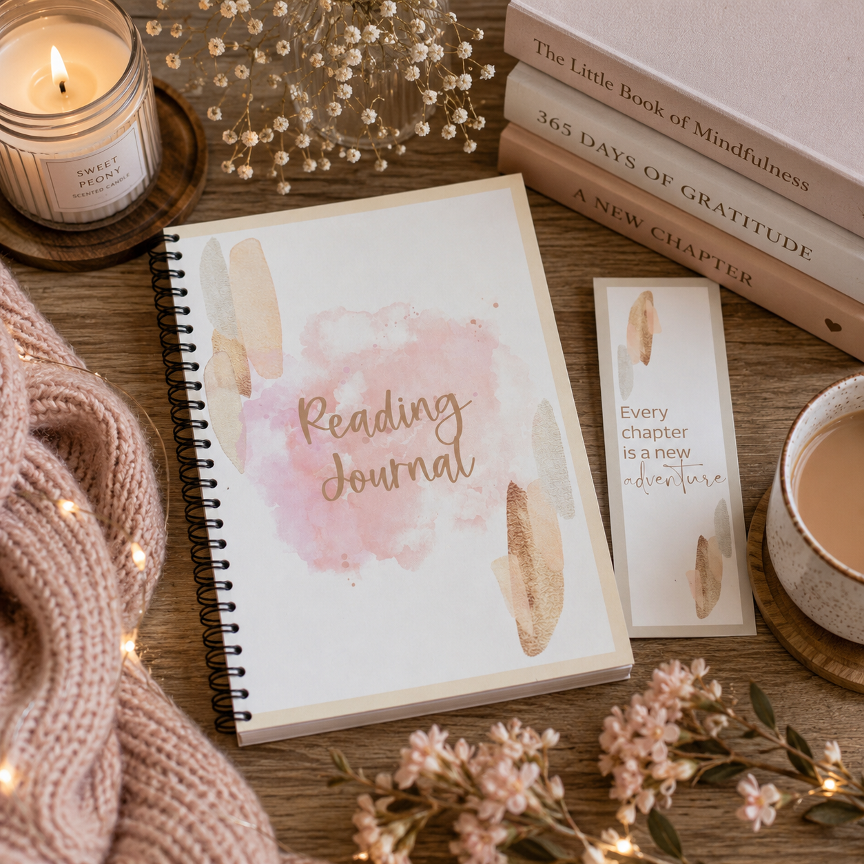 A spiral-bound reading journal with a pink watercolor design and gold foil lettering sits on a wooden table, styled with a candle, books, a mug of tea, a knit scarf, and small flowers.