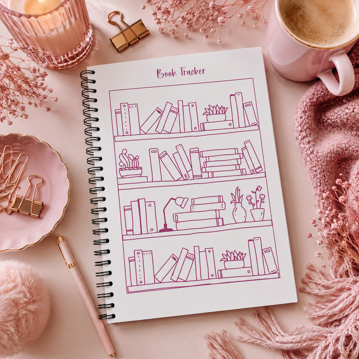 A spiral-bound book tracker journal with pink line-art illustrations of bookshelves and books, styled on a pink surface with a mug, candle, paper clips, and a pen.