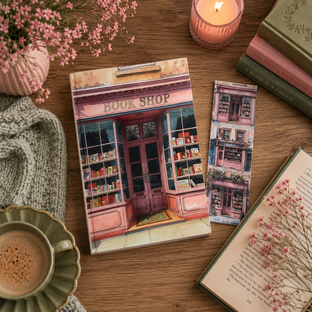 Pink paperback style book journal with matching bookmark