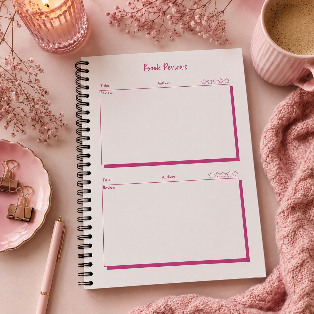 A spiral-bound book review planner notebook with two blank review pages, styled in a cozy flat-lay with a pink mug, candle, dried flowers, binder clips, and a pink knit blanket.