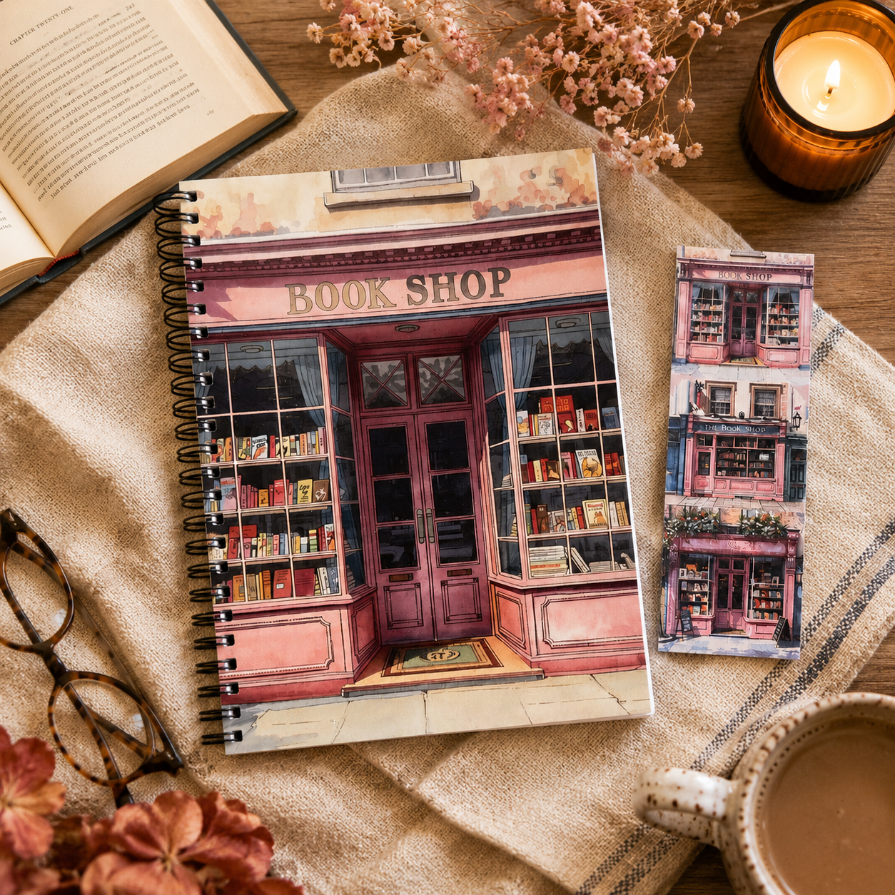 Pink bookshop themed reading journal and bookmark