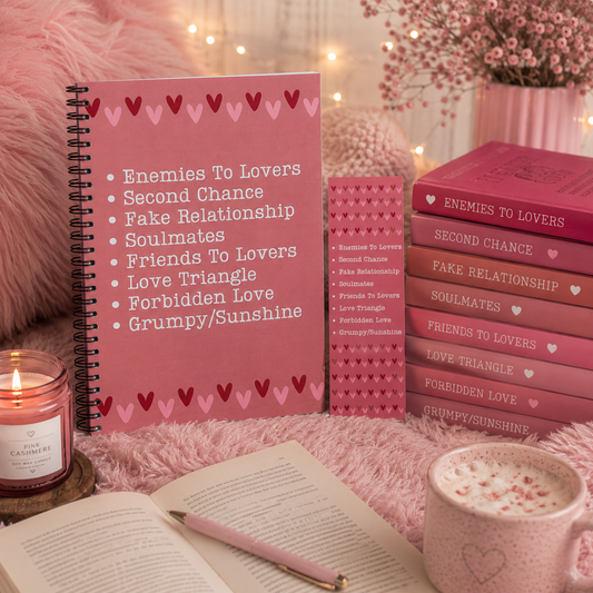 A pink spiral-bound journal with a list of romantic book tropes stands on a pink faux-fur surface beside a stack of matching pink books, an open book, a candle, and a mug of hot chocolate with pink sprinkles.