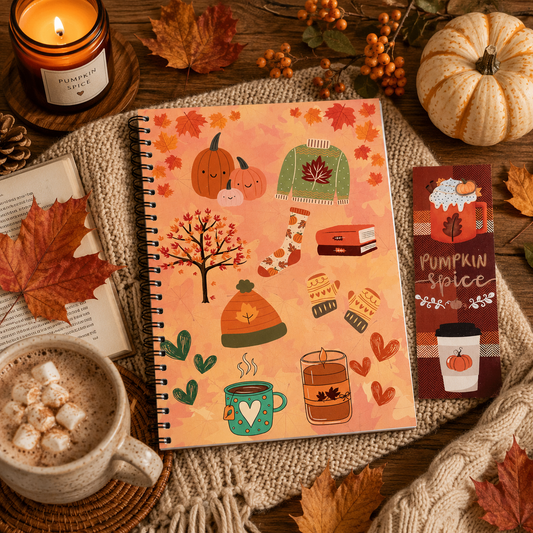 A spiral-bound notebook with a warm autumn-themed illustration sits on a knitted blanket in a cozy styled scene. The notebook features pumpkins, a tree, socks, a beanie, a mug, and hearts in fall colors.