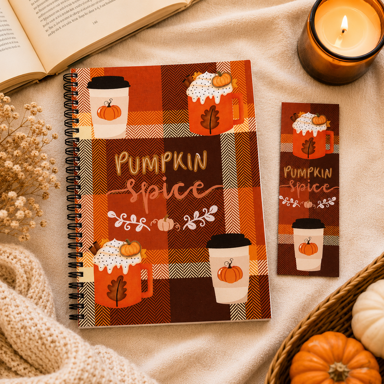 Pumpkin spice reading journal with matching bookmark included