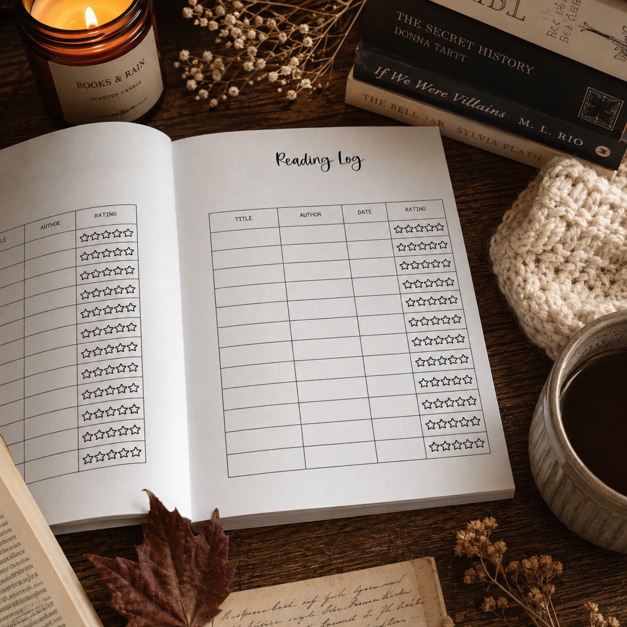 An open reading log planner page on a rustic wooden table, surrounded by cozy lifestyle props including a lit candle, books, a knit blanket, and a ceramic mug.