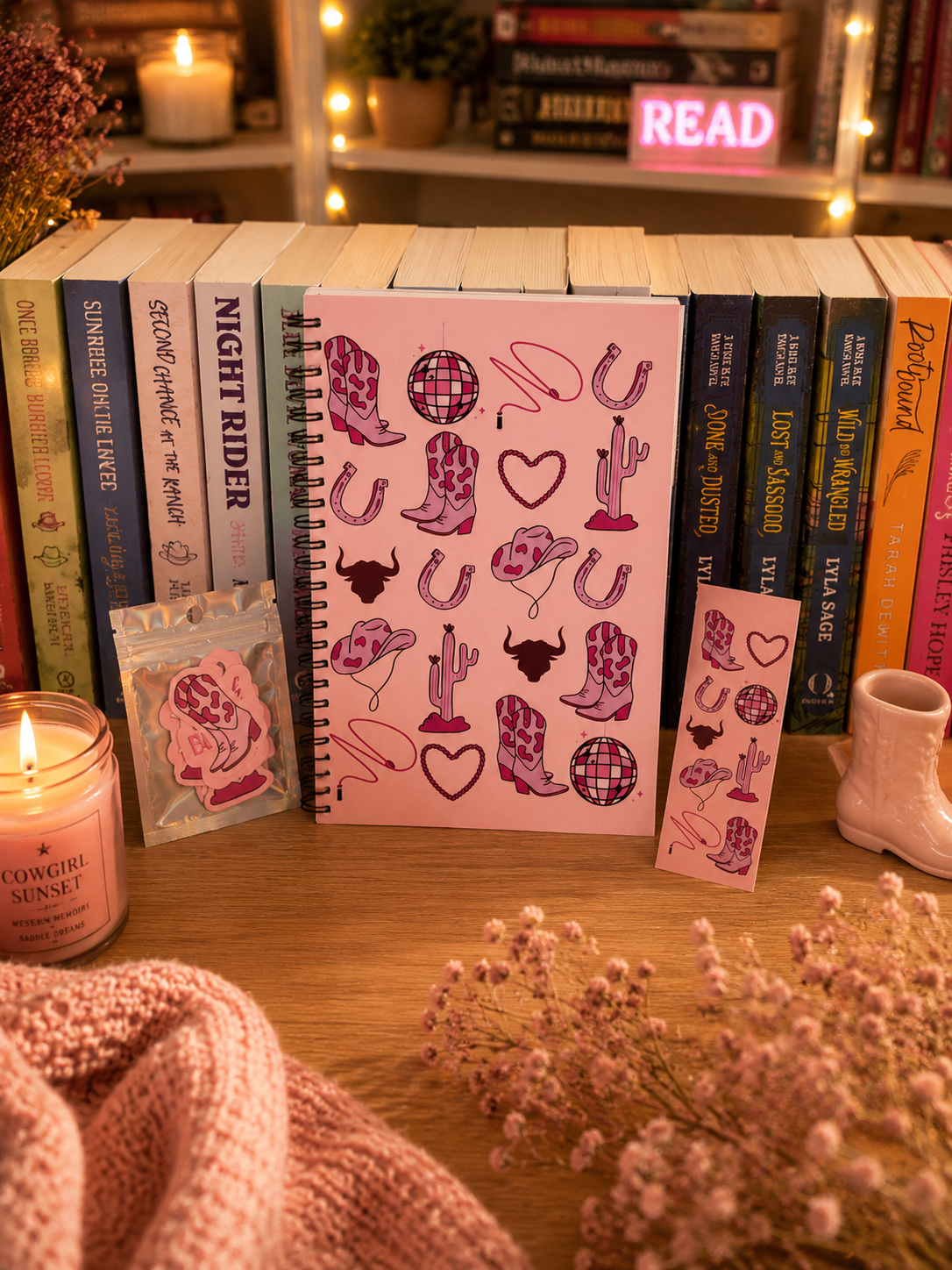 Cowboy romance set with journal, bookmark and stickers in pink 