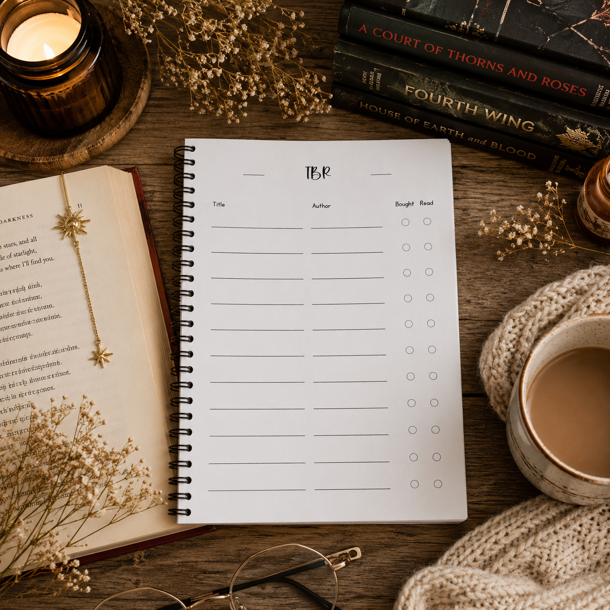 A spiral-bound reading journal page TBR with lined writing sections and a checkbox column, styled on a wooden table with an open book, candle, books, dried flowers, glasses, and a cup of coffee.