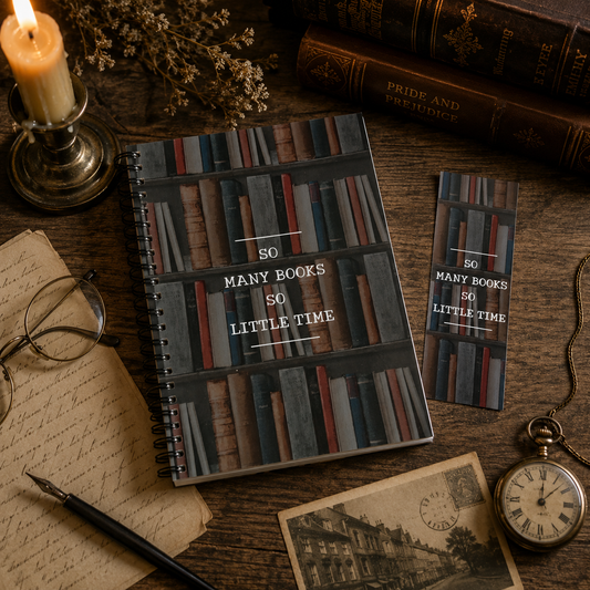 A styled flat-lay featuring a spiral journal and matching bookmark with the quote 'SO MANY BOOKS SO LITTLE TIME' over a bookshelf pattern. The items are arranged on a rustic wooden table with vintage props including a candle, old books, glasses, a fountain pen, a pocket watch, and a postcard.