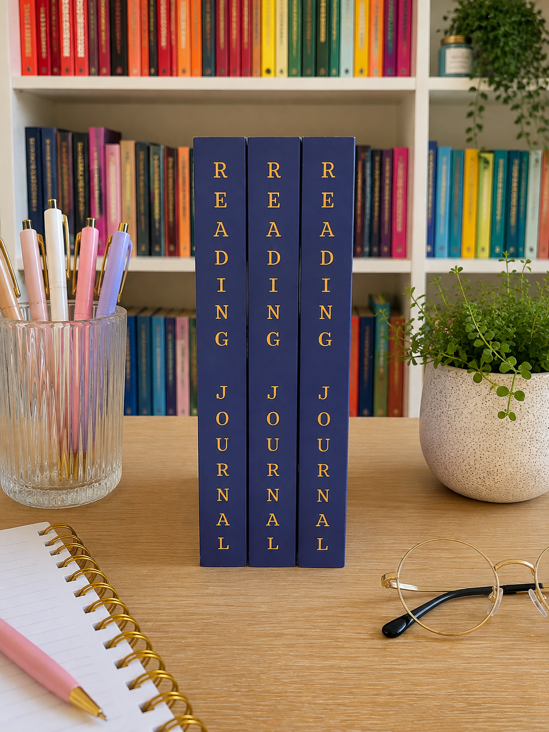 Four navy blue paperback books titled 'READING JOURNAL' standing upright on a wooden desk, surrounded by a notebook, pens, eyeglasses, and a potted plant, with a bookshelf in the background.